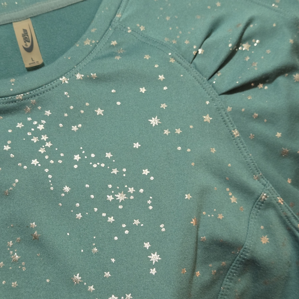 MTA Sport Teal Starry Long Sleeve Shirt Size Large Silver Metallic Stars Ruffles - Picture 7 of 10